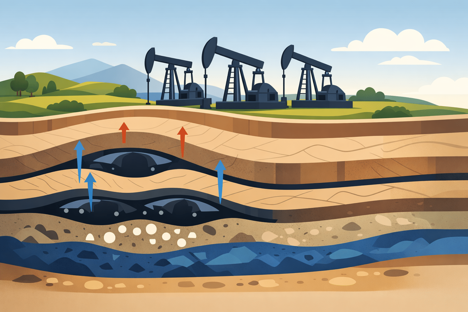 Illustration of an oil and gas basin cross-section with pumpjacks above layered rock and underground reservoirs
