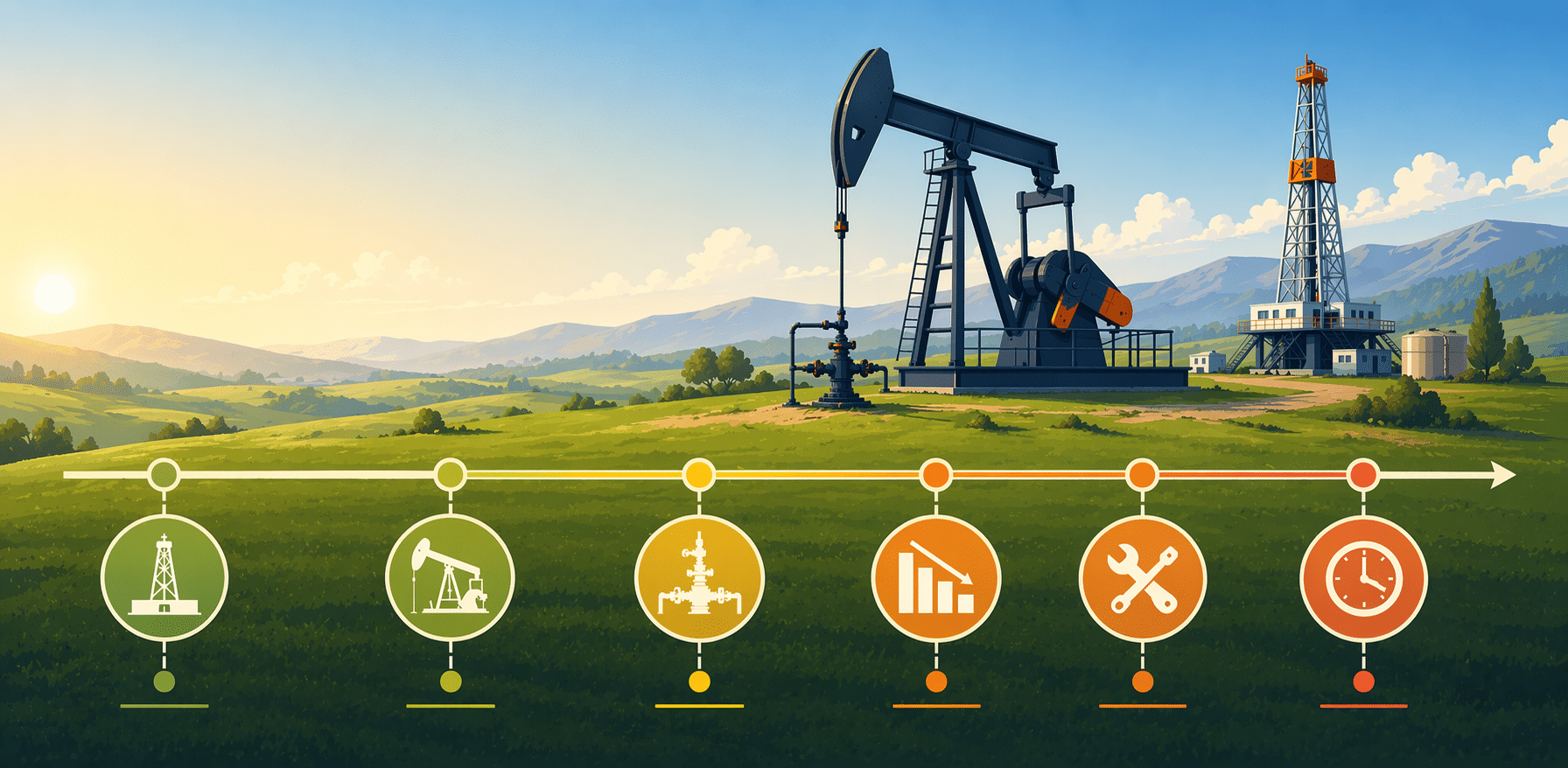 Illustration of an oil pumpjack and drilling rig with a horizontal timeline showing well lifecycle stages across a landscape