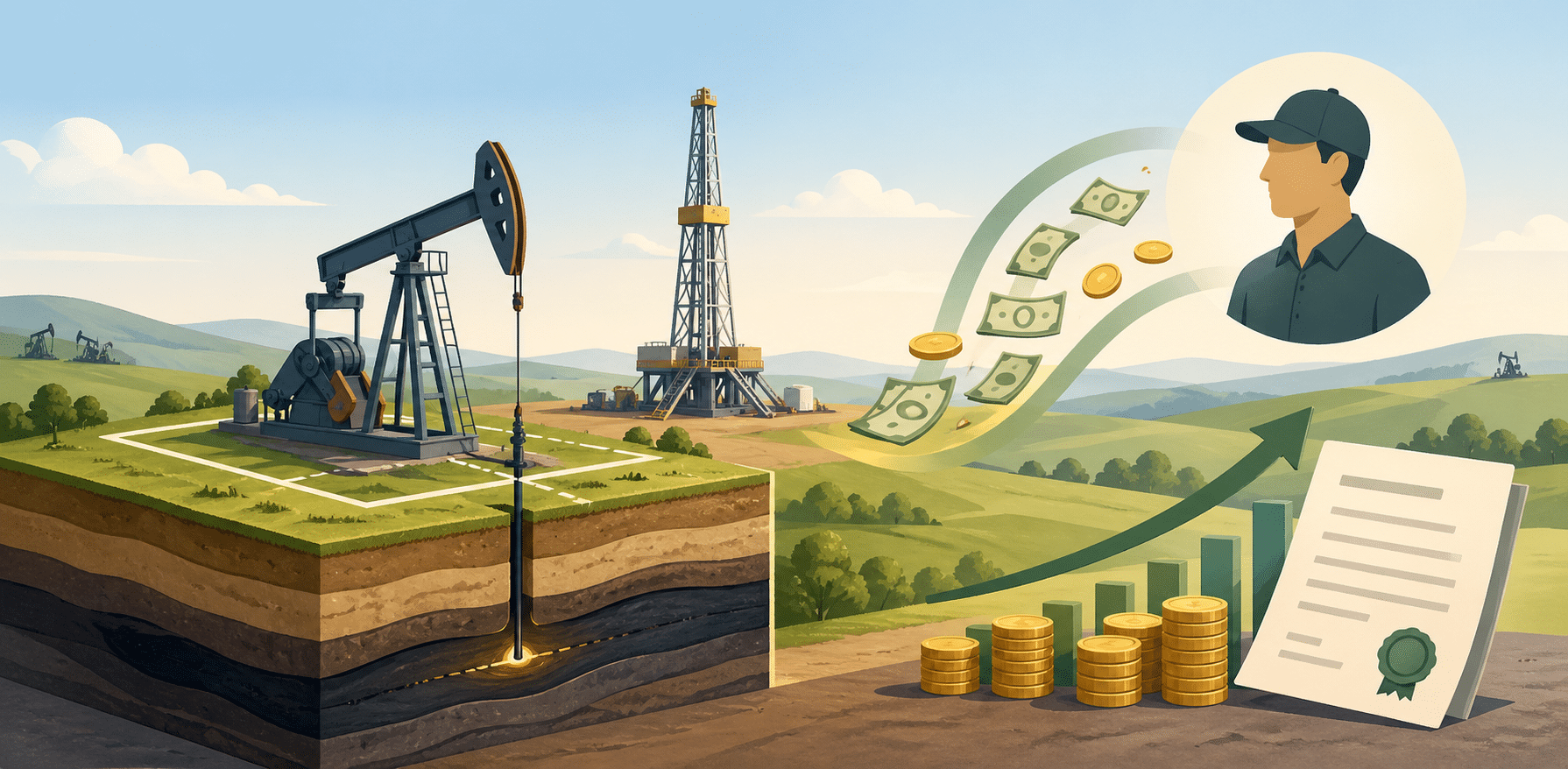 Illustration showing oil wells, land layers, cash flow, and documents for how much mineral rights pay
