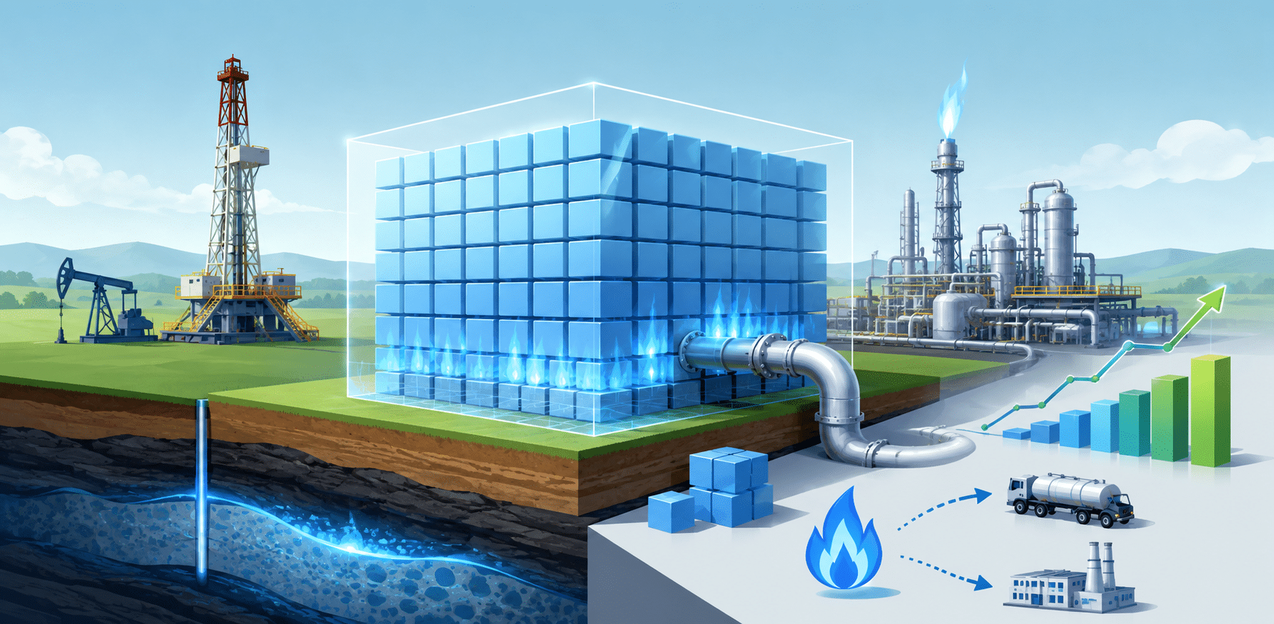 Illustration of natural gas production with blue volume blocks, pipelines, flares, and an energy chart