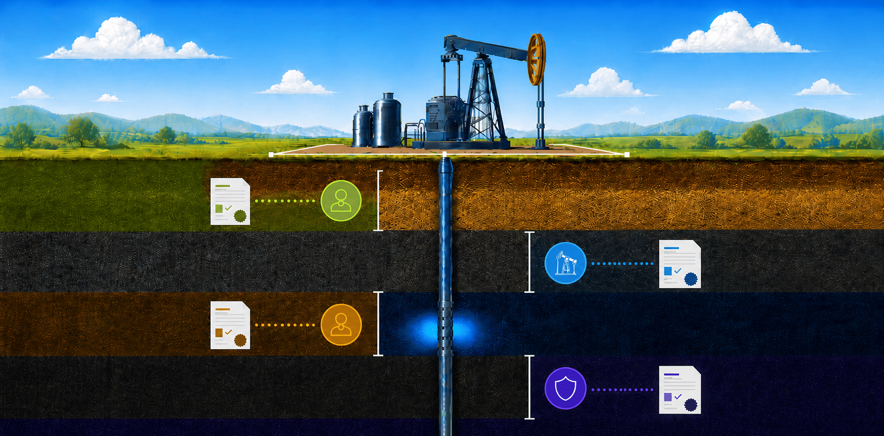 Illustration of a pumpjack with layered subsurface brackets, documents, and icons explaining depth rights