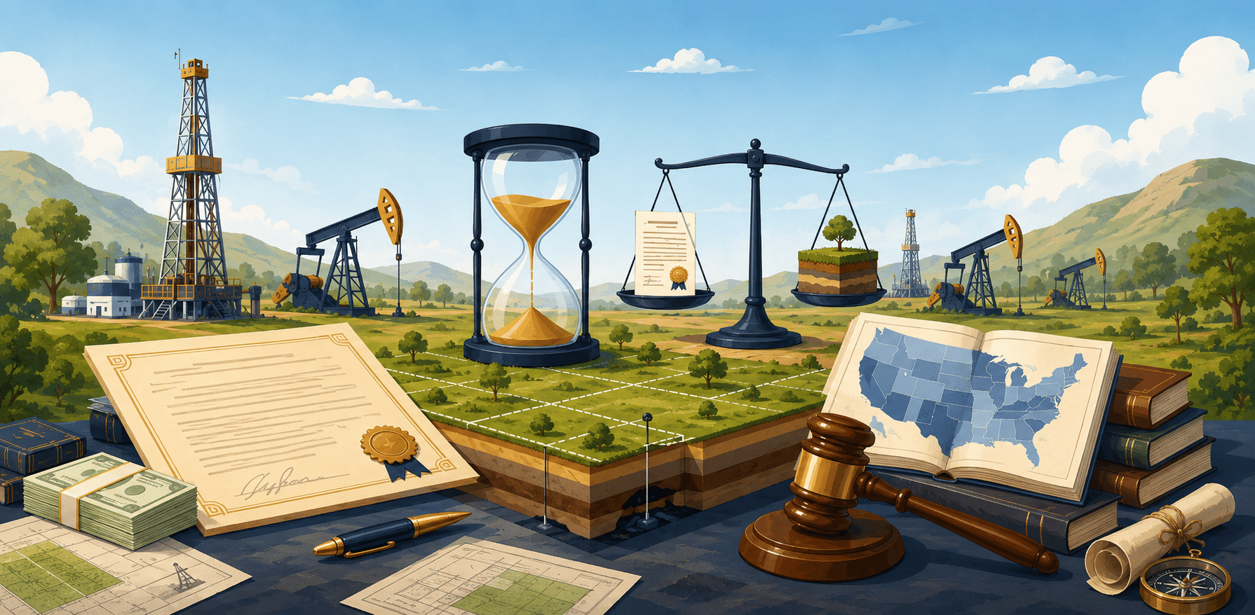 Illustration of mineral rights, legal documents, land parcels, oil rigs, and a scale with an hourglass