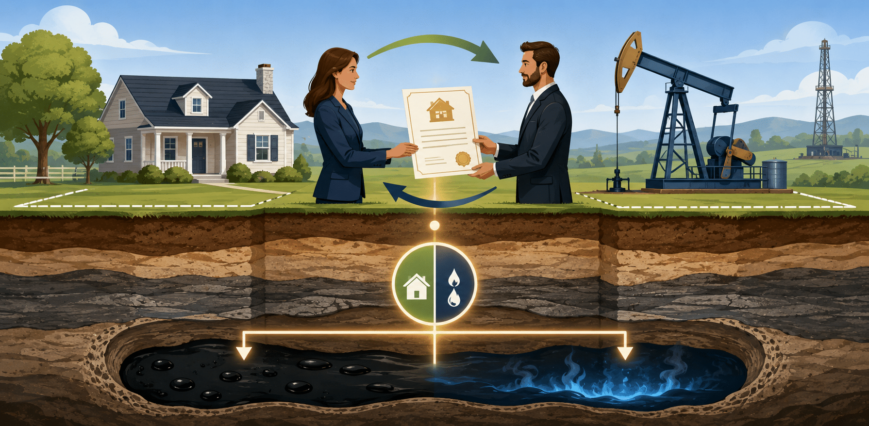 Illustration of property document transfer, home, pumpjack, and oil and gas layers below land