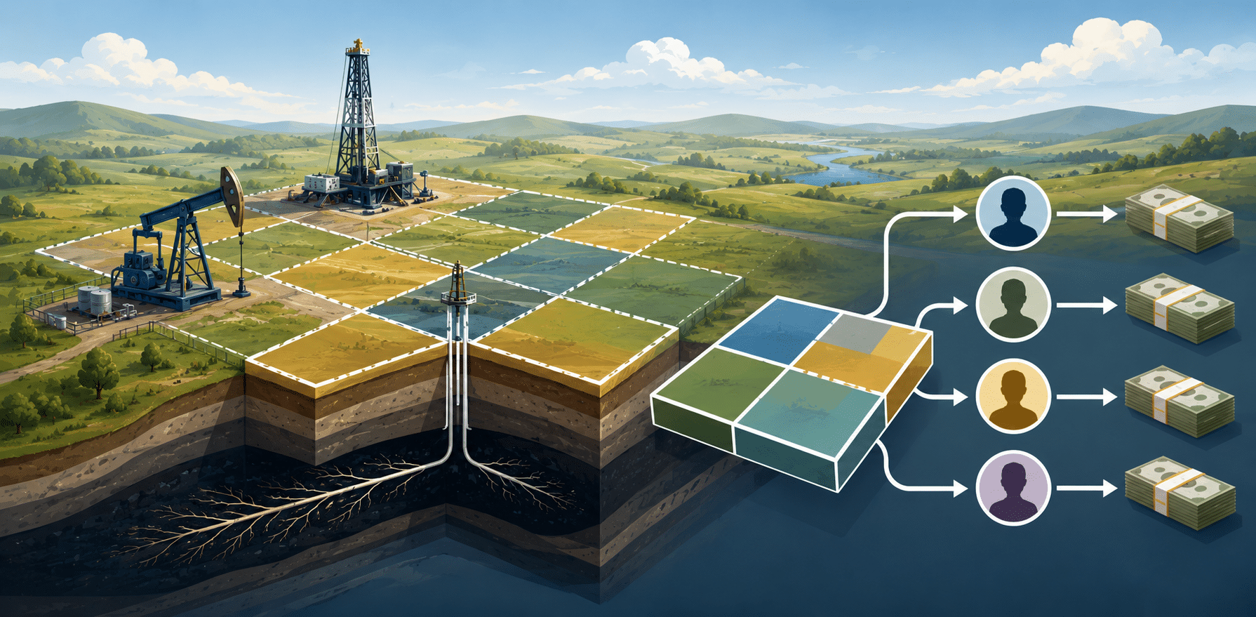 Illustration of an oil and gas unit with parcel boundaries, wells, subsurface drilling, and royalty payments