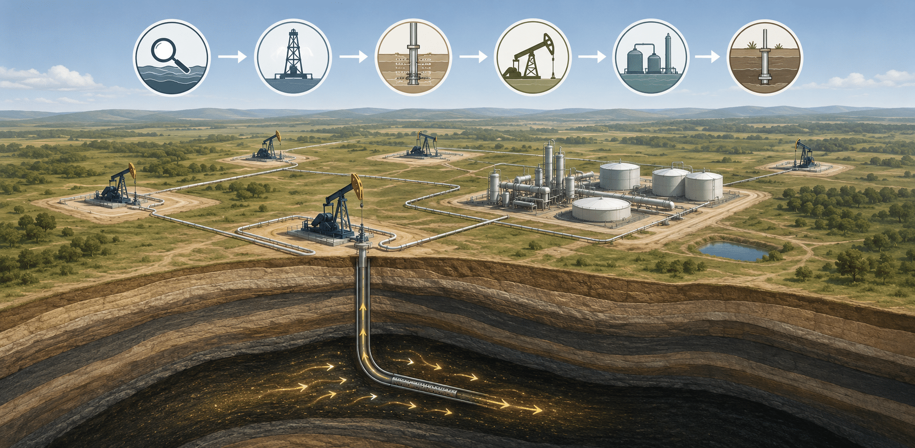 Illustration of a producing well with pumpjacks, pipelines, tanks, and a subsurface flow cutaway