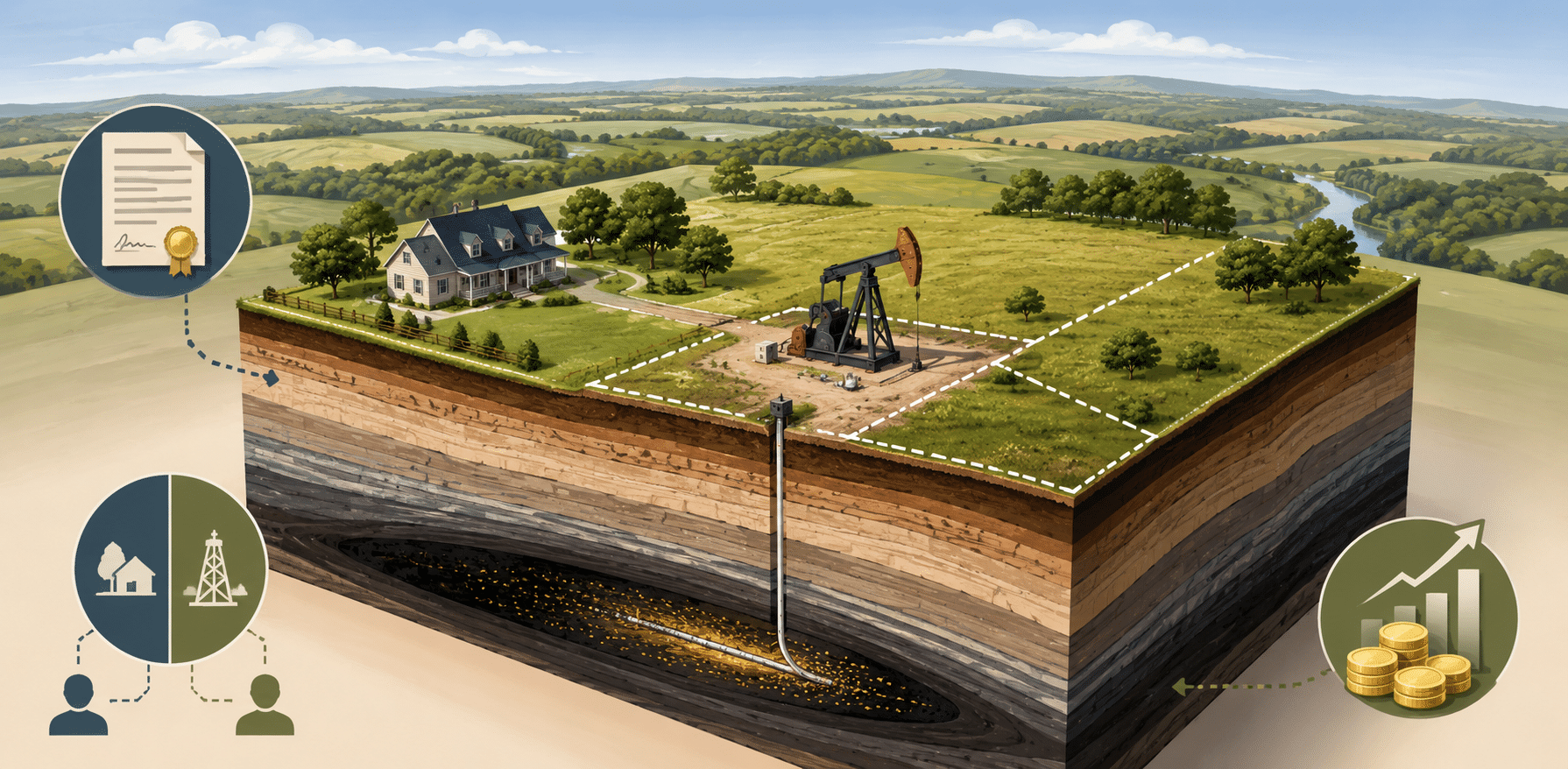 Illustration explaining what are mineral rights with land parcels, a pumpjack, contract, and underground oil