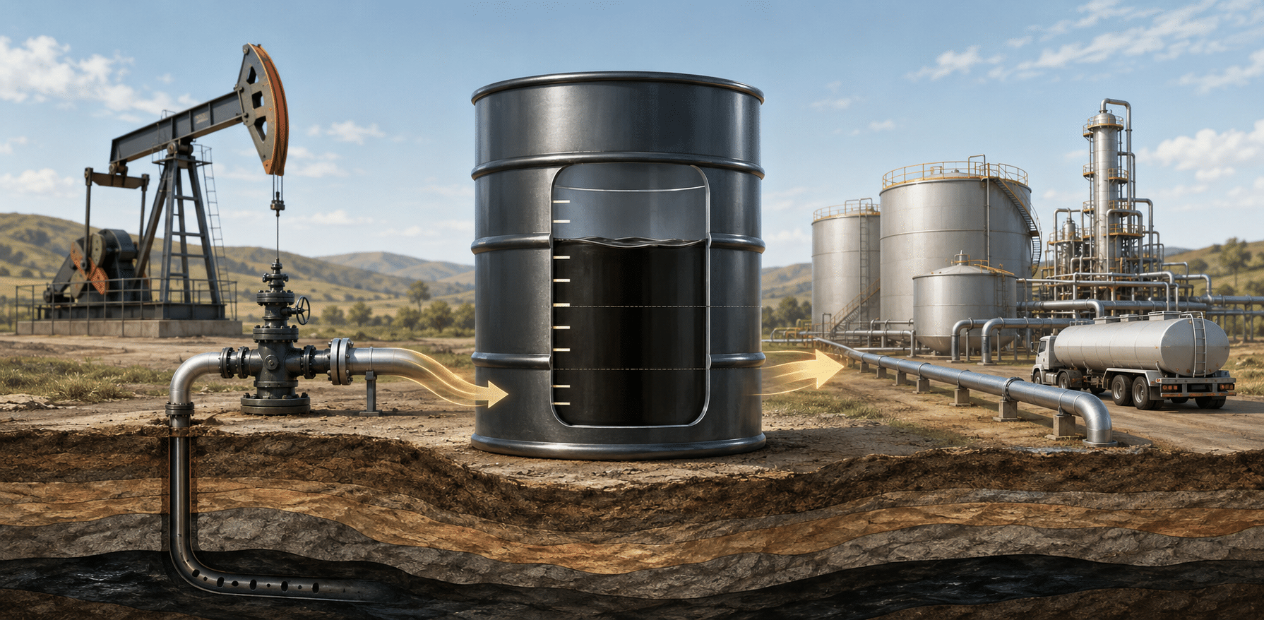 Illustration of a crude oil barrel with a pumpjack, underground pipeline, refinery tanks, and tanker truck