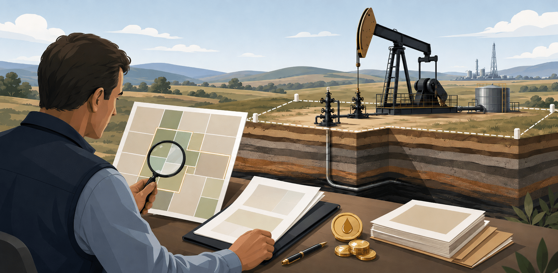 Illustration of a man reviewing parcel maps and documents beside an oil pumpjack and oil-symbol coins