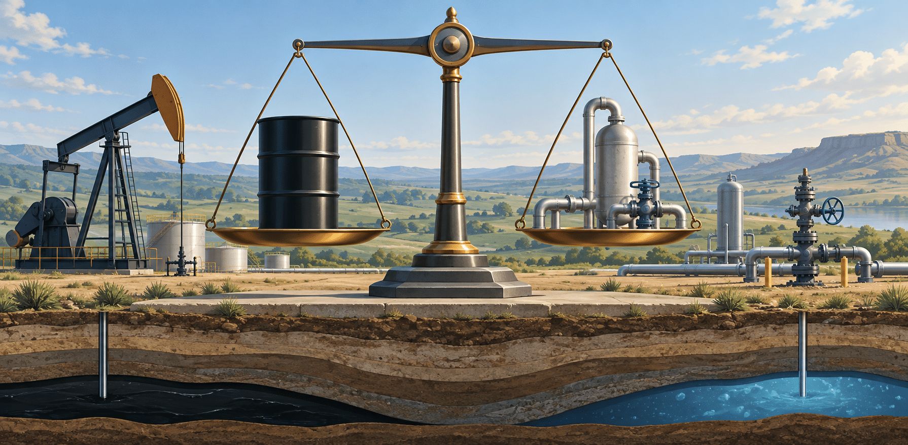 Illustration comparing an oil barrel and natural gas equipment on a balance scale above oil and gas reservoirs