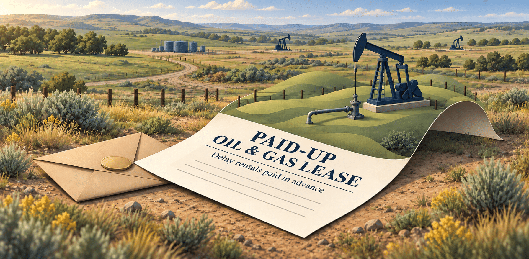 Illustration of a paid-up oil and gas lease document curling into a rural oilfield beside an envelope and gold coin.