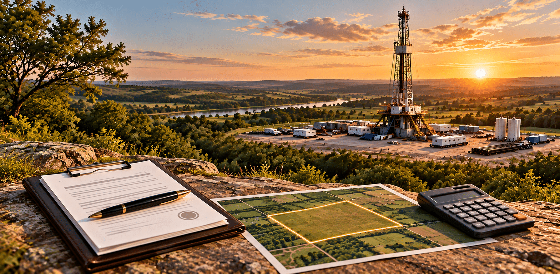 Illustration of documents, a land parcel map, and a calculator on a ledge overlooking a drilling rig at sunset.